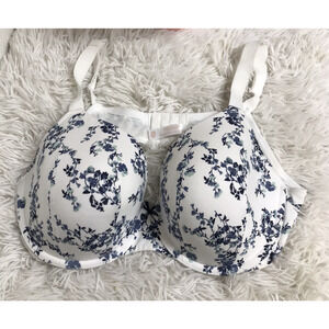 Cacique Bra 40DD Cotton Lightly Lined Full Coverage Floral White Blue Underwire